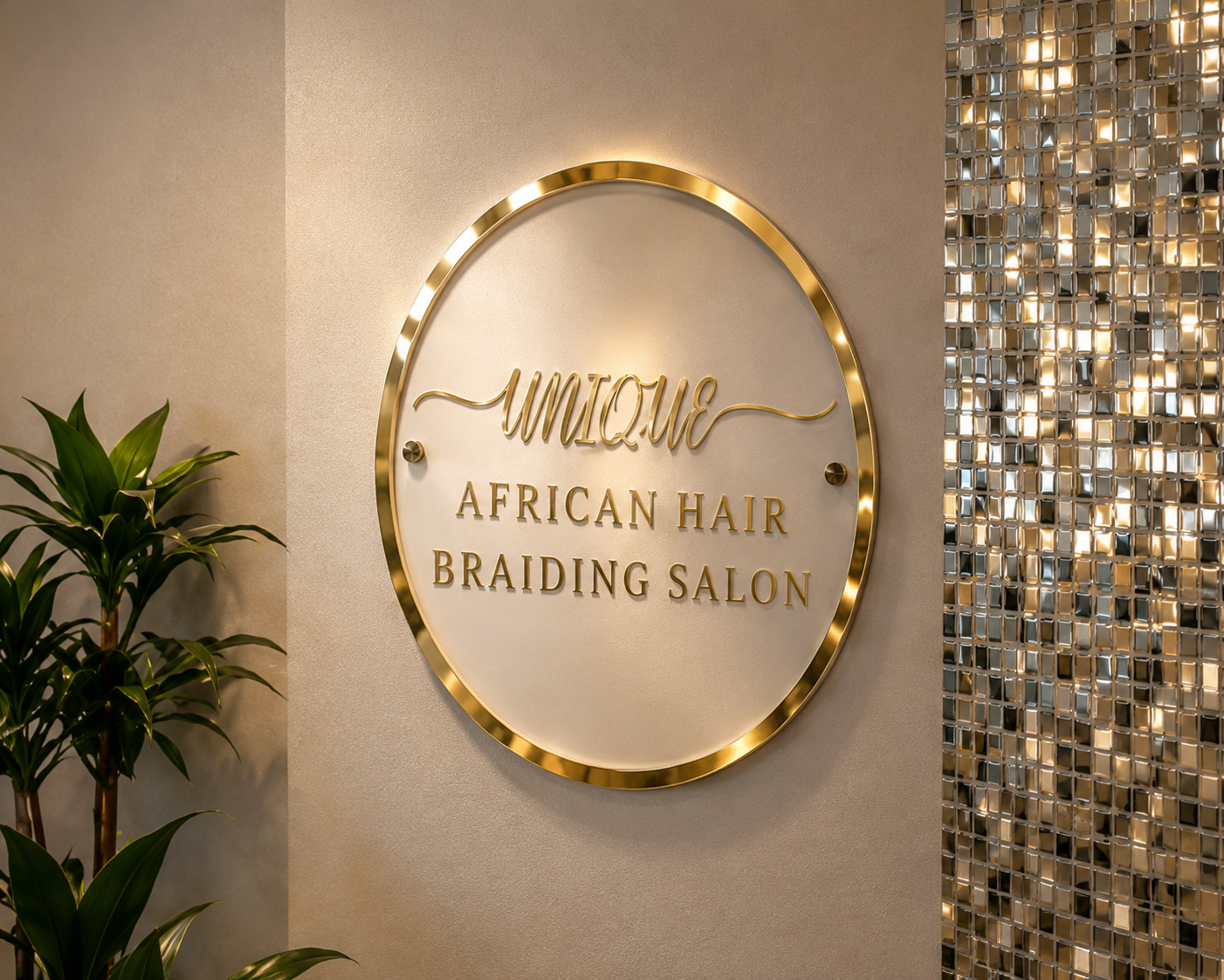 Unique African Hair Braiding Salon signature gold logo on the wall beside the silver feature wall
